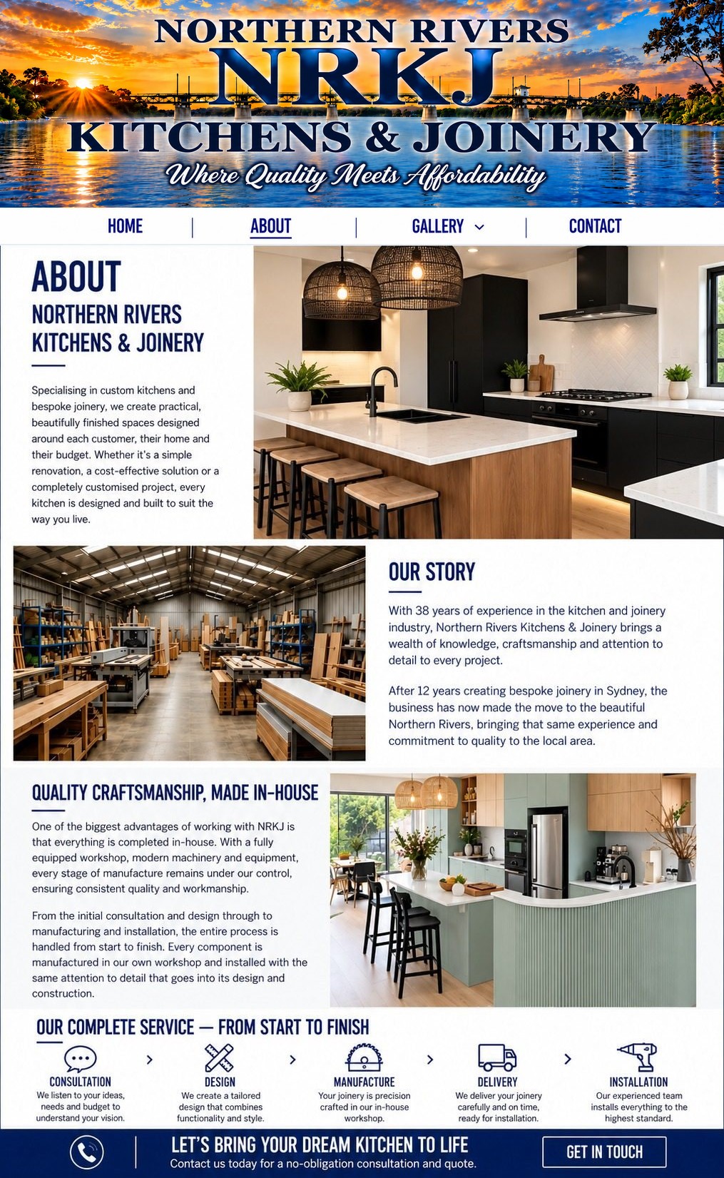 About NRKJ – Northern Rivers Kitchens and Joinery, South Grafton. 38 years of experience in the kitchen and joinery industry, 12 of them creating bespoke joinery in Sydney, now in the Northern Rivers. Everything is designed, manufactured and installed in-house. Our complete service: consultation, design, manufacture, delivery and installation.