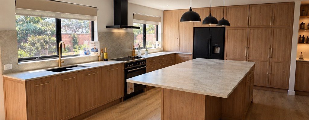 Oak shaker kitchen with a large stone-topped island and black pendant lights